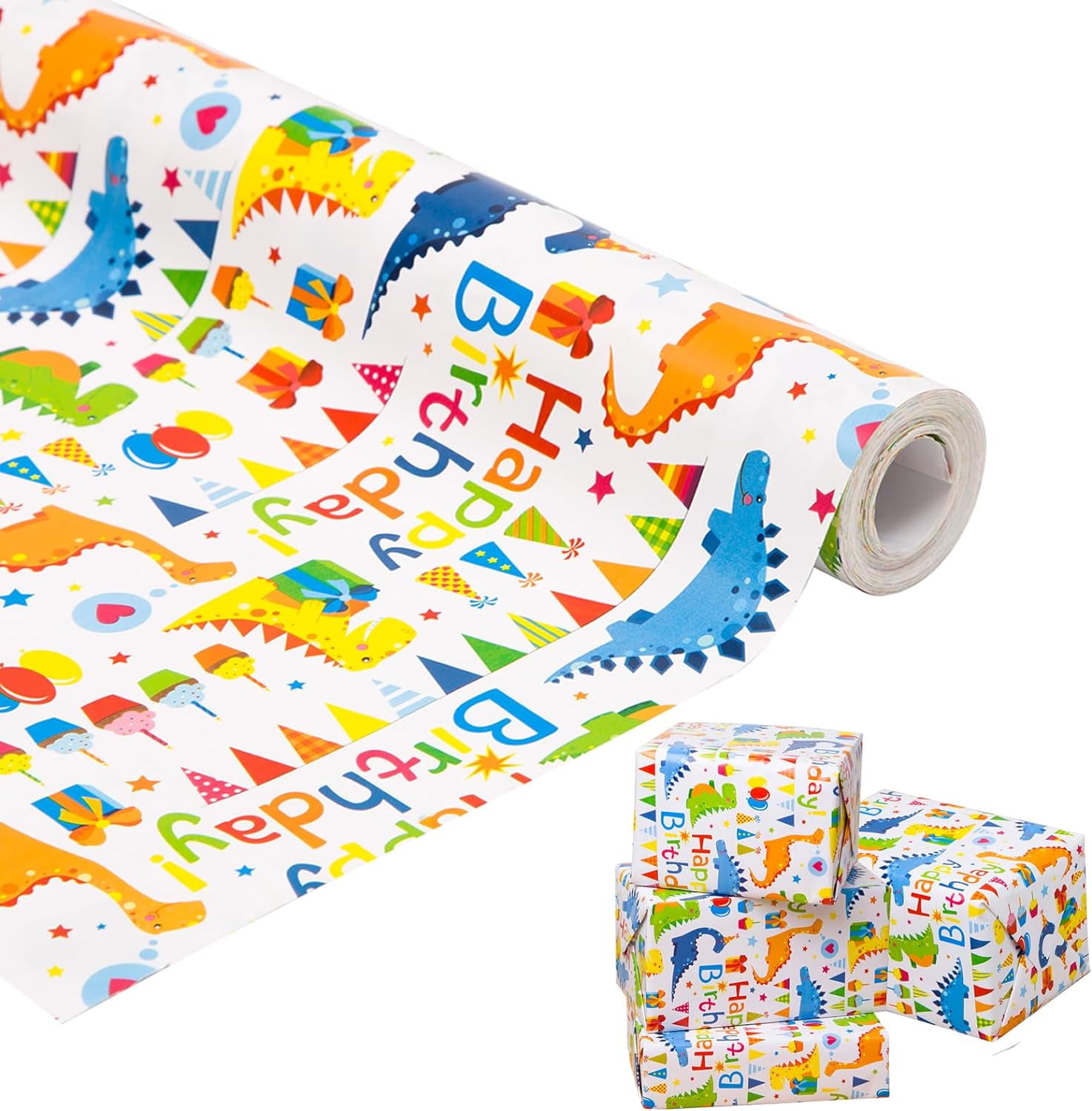 Dinosaur Wrapping Paper Rolls Colorful Text Happy Birthday Design Gift Wrapping Paper Roll for Kids Boys Girls Baby Dinosaur Gift Wrap for Birthday Bday Party Holiday Wrap - 17 Inch X 50 Feet