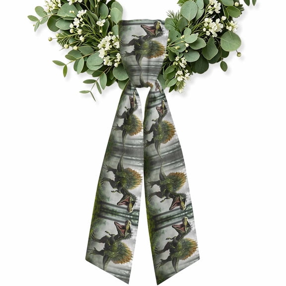 Dinosaur Wreath Sash for Front Door, Decorative Seasonal Bows Ribbons, Wildlife Foggy Green Forest Holiday Wreath Accessories for Home Thanksgiving Fall Christmas Decorations