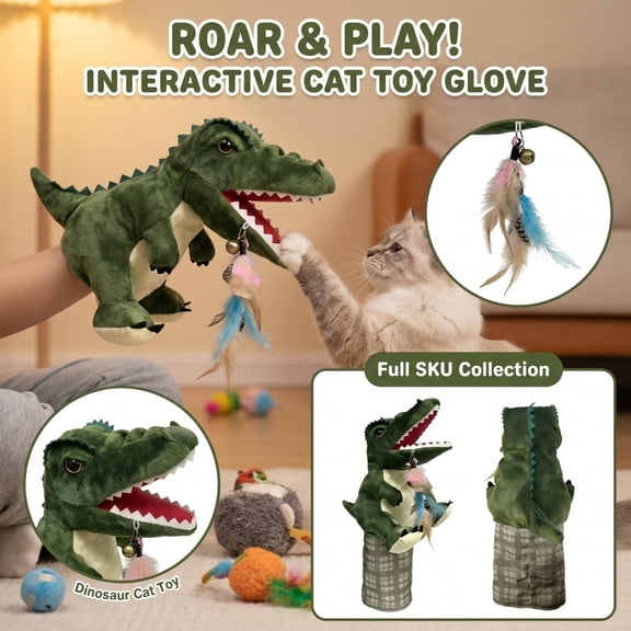 Dinosaur Wrestling Glove Toy for Cats, Interactive Training Hand Puppet for Fun Bonding, Soft Cuddly Novelty Plaything for Feline and Active Exercise, Green, 1 Pack