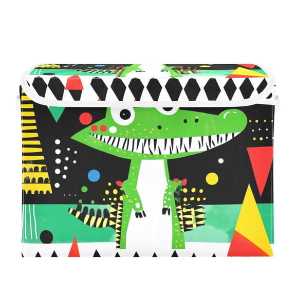Dinosaur and Abstract Patterns Foldable Storage Bin with Lid and Handle Collapsible Storage Box 16.5 x 12.6 x 11.8 inches