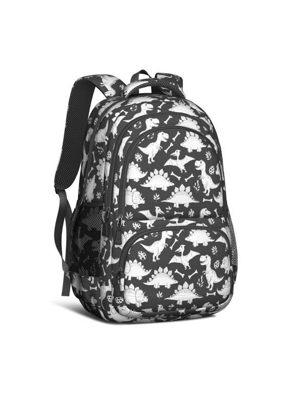 Dinosaur and Bone Black Pattern Cute School Backpack Bag with Padded Back and Adjustable Shoulder Straps 16.9 X 12.6 X 5.9 Inches