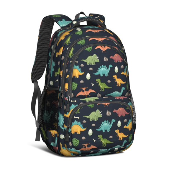 Dinosaur and Bone Black Pattern Cute School Backpack Bag with Padded Back and Adjustable Shoulder Straps 16.9 X 12.6 X 5.9 Inches