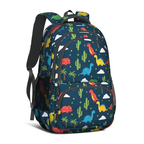 Dinosaur and Cacti Dark Blue Pattern Cute School Backpack Bag with Padded Back and Adjustable Shoulder Straps 16.9 X 12.6 X 5.9 Inches