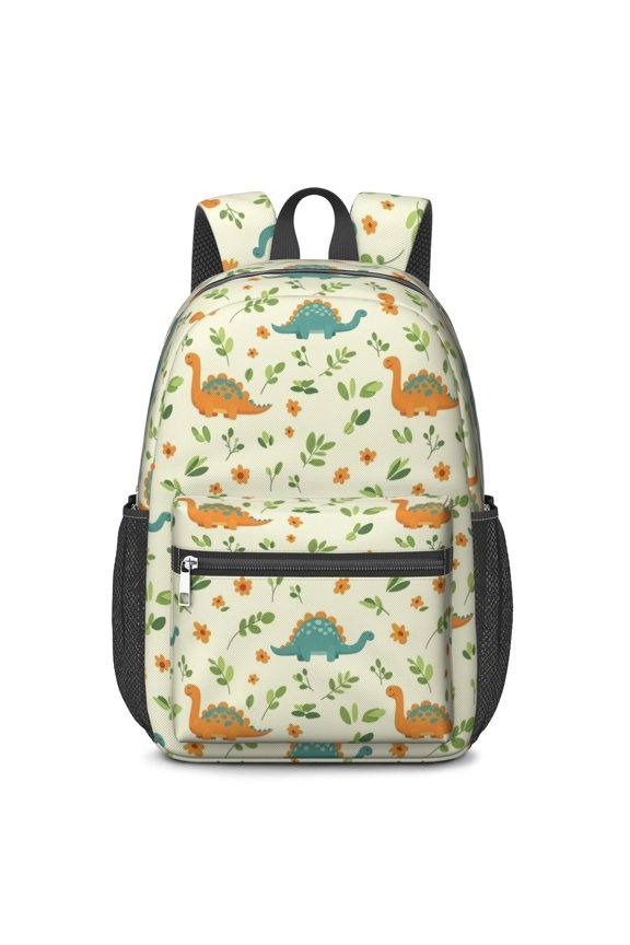 Dinosaur and Floral Off White Pattern 17" School Backpacks for Teens,Waterproof Oxford Fabric,S-Shape Padded Straps for School,Travel,Hiking,Camping