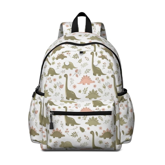 Dinosaur and Floral Off White Pattern Backpack for School, Cute School Bag with Adjustable Shoulder Straps and Padded Back, 13.4"x11"x4.7"