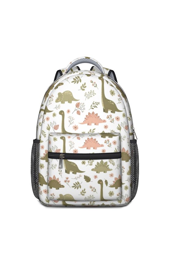 Dinosaur and Floral Off White Pattern Backpack for School, Cute School Bag with Adjustable Shoulder Straps and Padded Back, 15.3"x11"x6.7"