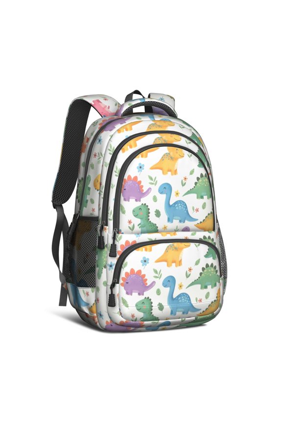 Dinosaur and Floral Off White Pattern Backpack for School, Cute School Bag with Adjustable Shoulder Straps and Padded Back, 16.9"x12.6"x5.9"