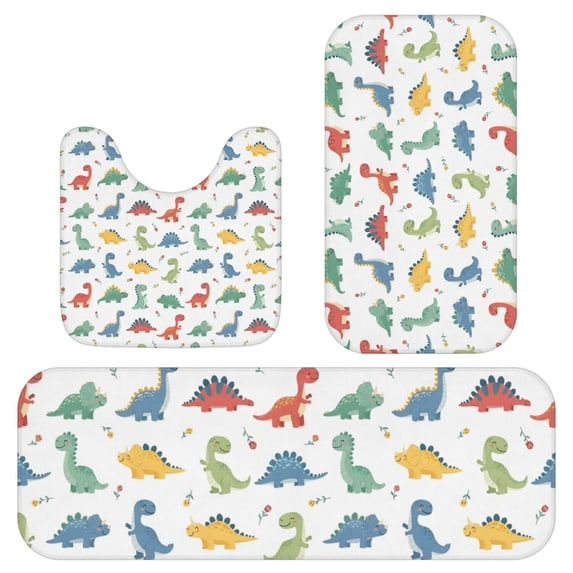 Witite Pattern Dinosaur and Floral White Pattern 3 Piece Flannel Bathroom Rug Set ...