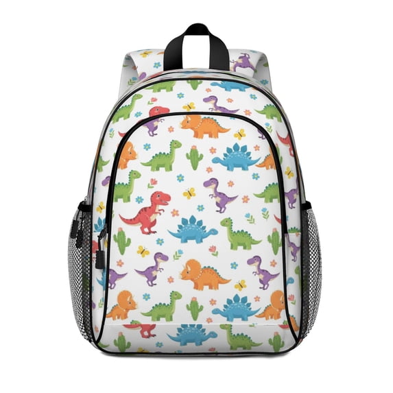 Dinosaur and Floral White Pattern Backpack for School, Cute School Bag with Adjustable Shoulder Straps and Padded Back, 15"x11.42"x5.5"
