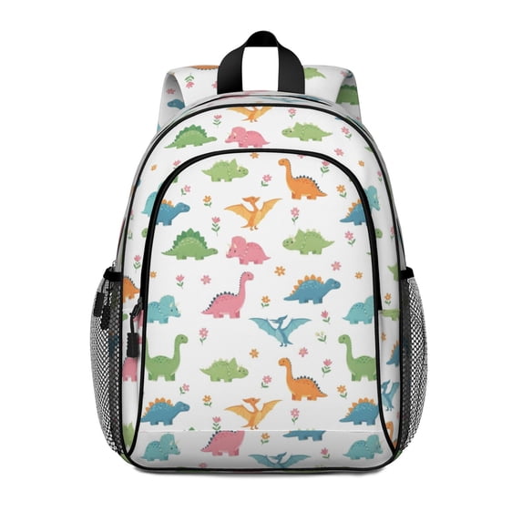 Dinosaur and Floral White Pattern Backpack for School, Cute School Bag with Adjustable Shoulder Straps and Padded Back, 15"x11.42"x5.5"