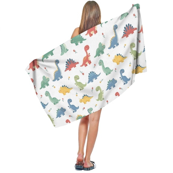 Floral Pattern C Dinosaur and Floral White Pattern Microfiber Bath Towel, Absorbent Bath ...