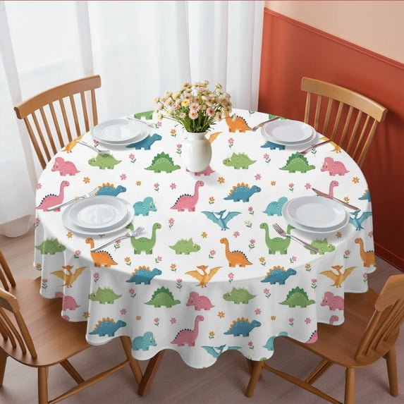 Dinosaur and Floral White Pattern Round Tablecloth 60"x60", Wrinkle Resistant Wipeable Table Cover for Kitchen Dining Room Picnic Patio and Party