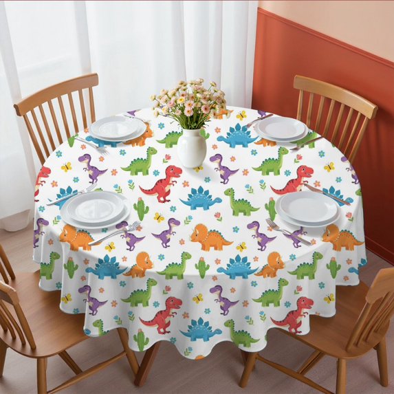 Dinosaur and Floral White Pattern Round Tablecloth 70"x70", Wrinkle Resistant Wipeable Table Cover for Kitchen Dining Room Picnic Patio and Party