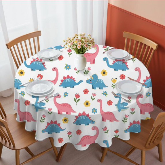 Dinosaur and Floral White Pattern Round Tablecloth 70"x70", Wrinkle Resistant Wipeable Table Cover for Kitchen Dining Room Picnic Patio and Party