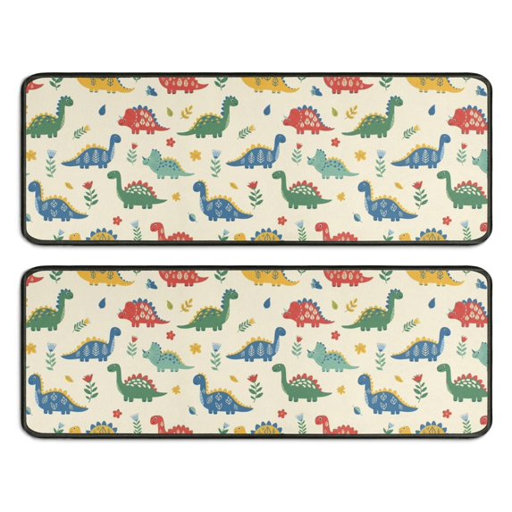 Dinosaur and Flower Beige Pattern Anti Fatigue Kitchen Rugs Set Of 2, Non Slip Washable Decorative Floor Mats for Sink Laundry and Home Use, 17"x47"