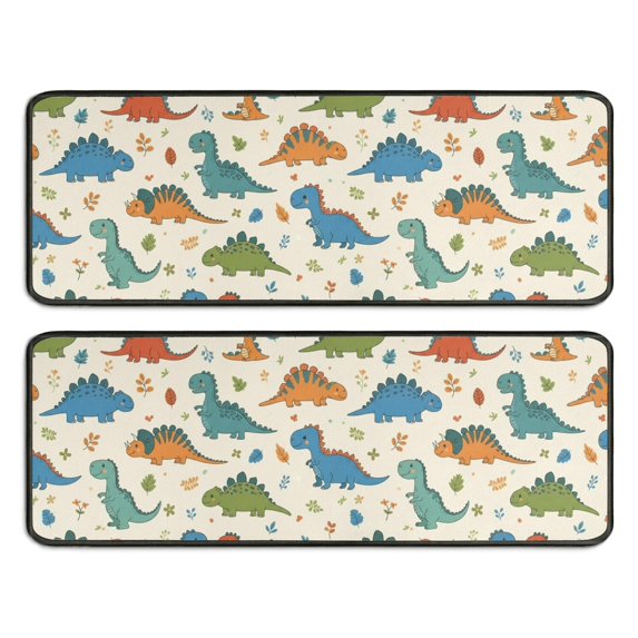 Dinosaur and Flower Beige Pattern Anti Fatigue Kitchen Rugs Set Of 2, Non Slip Washable Decorative Floor Mats for Sink Laundry and Home Use, 17"x47"