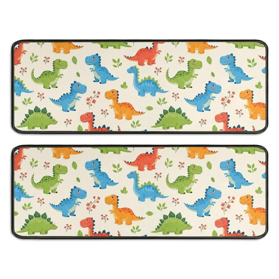 Dinosaur and Flower Beige Pattern Anti Fatigue Kitchen Rugs Set Of 2, Non Slip Washable Decorative Floor Mats for Sink Laundry and Home Use, 17"x47"