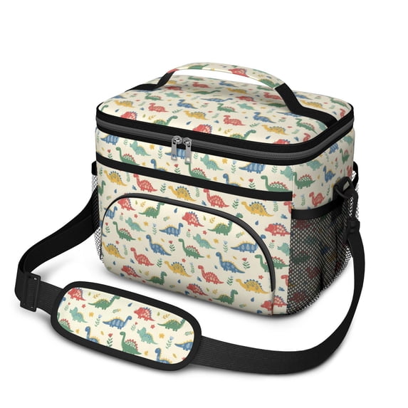 Dinosaur and Flower Beige Pattern Insulated Lunch Box for Women Men, Medium Leakproof Cooler Bag with Adjustable Strap, 10"x6.7"x8"