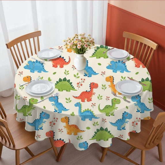 Dinosaur and Flower Beige Pattern Round Tablecloth 60"x60", Wrinkle Resistant Wipeable Table Cover for Kitchen Dining Room Picnic Patio and Party