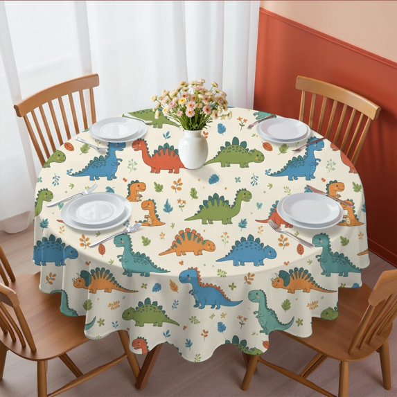 Dinosaur and Flower Beige Pattern Round Tablecloth 60"x60", Wrinkle Resistant Wipeable Table Cover for Kitchen Dining Room Picnic Patio and Party