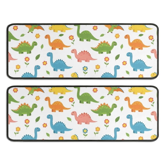 Dinosaur and Flower White Pattern Anti Fatigue Kitchen Rugs Set Of 2, Non Slip Washable Decorative Floor Mats for Sink Laundry and Home Use, 17"x47"