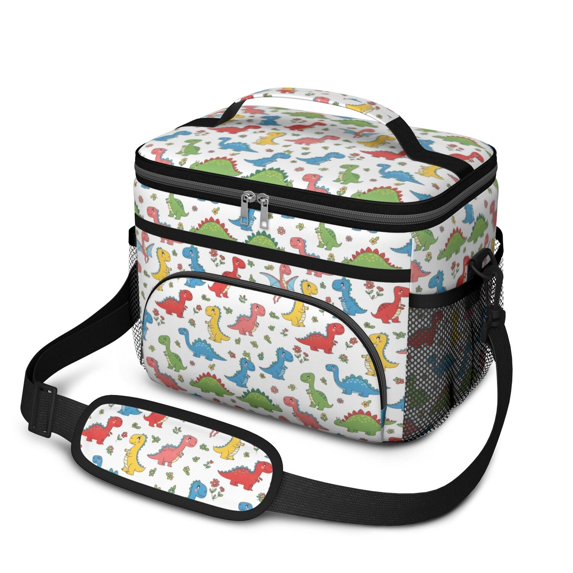 Dinosaur and Flower White Pattern Insulated Lunch Box for Women Men, Medium Leakproof Cooler Bag with Adjustable Strap, 10"x6.7"x8"