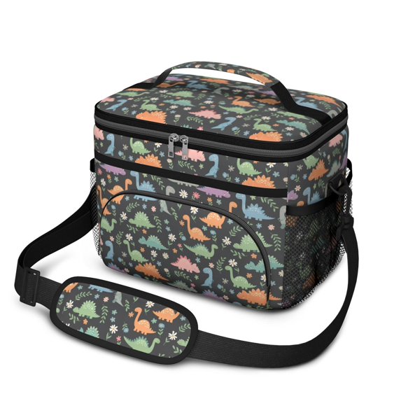 Dinosaur and Foliage Black Pattern Insulated Lunch Box for Women Men, Medium Leakproof Cooler Bag with Adjustable Strap, 10"x6.7"x8"