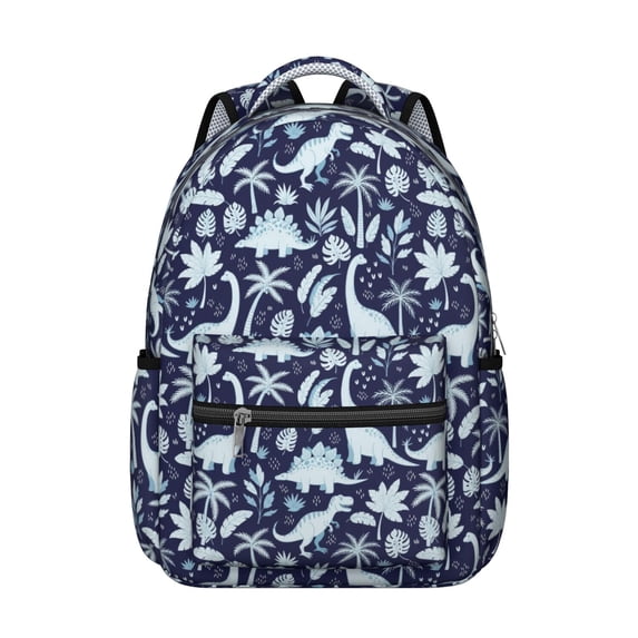 Dinosaur and Foliage Navy Blue Pattern Backpack for School, Cute School Bag with Adjustable Shoulder Straps and Padded Back, 15.3"x11"x7.1"