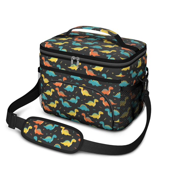 Dinosaur and Geometric Black Pattern Insulated Lunch Box for Women Men, Medium Leakproof Cooler Bag with Adjustable Strap, 10"x6.7"x8"