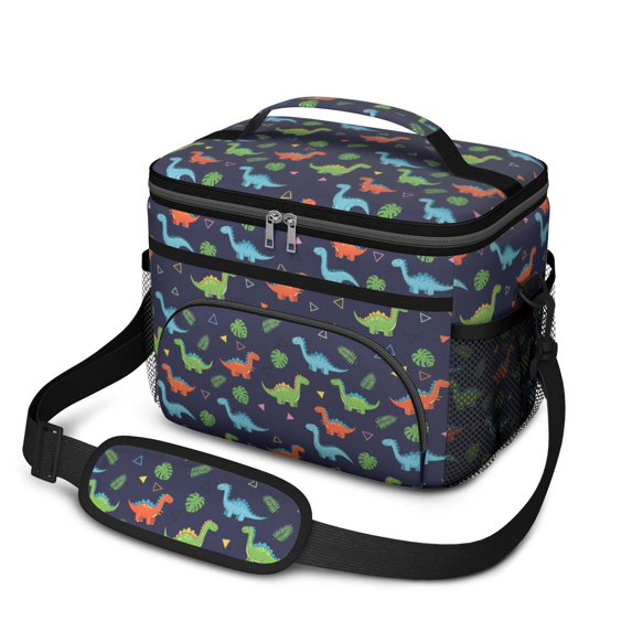 Dinosaur and Geometric Navy Blue Insulated Lunch Box for Women Men, Medium Leakproof Cooler Bag with Adjustable Strap, 10"x6.7"x8"