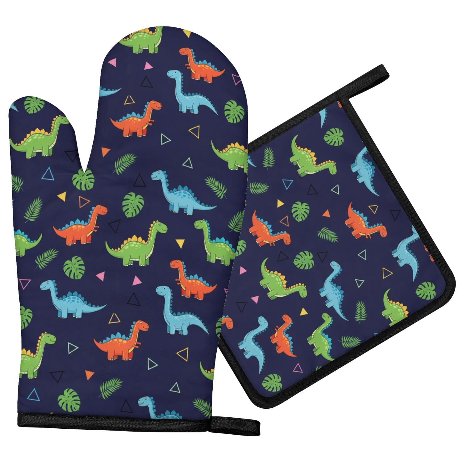 Bbq Banner Examples Dinosaur and Geometric Navy Blue Oven Mitt Pot Holder Set, Polyester ...