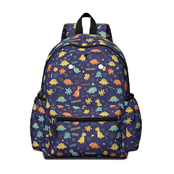 Dinosaur and Geometric Navy Blue Pattern Backpack for School, Cute School Bag with Adjustable Shoulder Straps and Padded Back, 13.4"x11"x4.7"