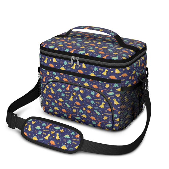 Dinosaur and Geometric Navy Blue Pattern Insulated Lunch Box for Women Men, Medium Leakproof Cooler Bag with Adjustable Strap, 10"x6.7"x8"
