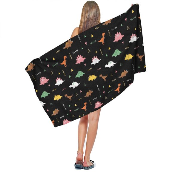 Dinosaur and Geometry Black Pattern Microfiber Bath Towel, Absorbent Bath Towel, Quick Drying Gifts for Bathroom Beach Gym,27.5" X 55"
