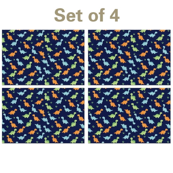 Dinosaur and Grass Navy Pattern Linen-look Placemats Set Of 4, Outdoor ...