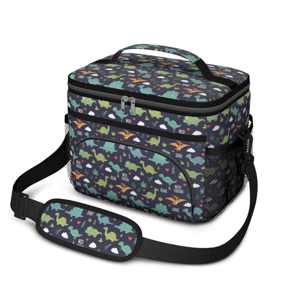 Dinosaur and Heart Navy Pattern Insulated Lunch Box for Women Men, Medium Leakproof Cooler Bag with Adjustable Strap, 10"x6.7"x8"