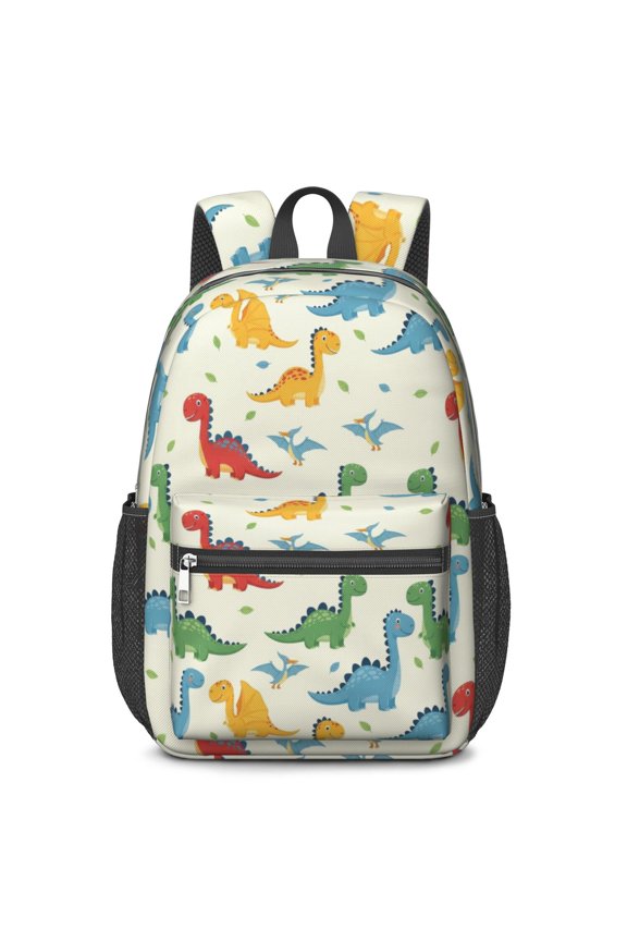 Dinosaur and Leaf Beige Pattern 17" School Backpacks for Teens,Waterproof Oxford Fabric,S-Shape Padded Straps for School,Travel,Hiking,Camping
