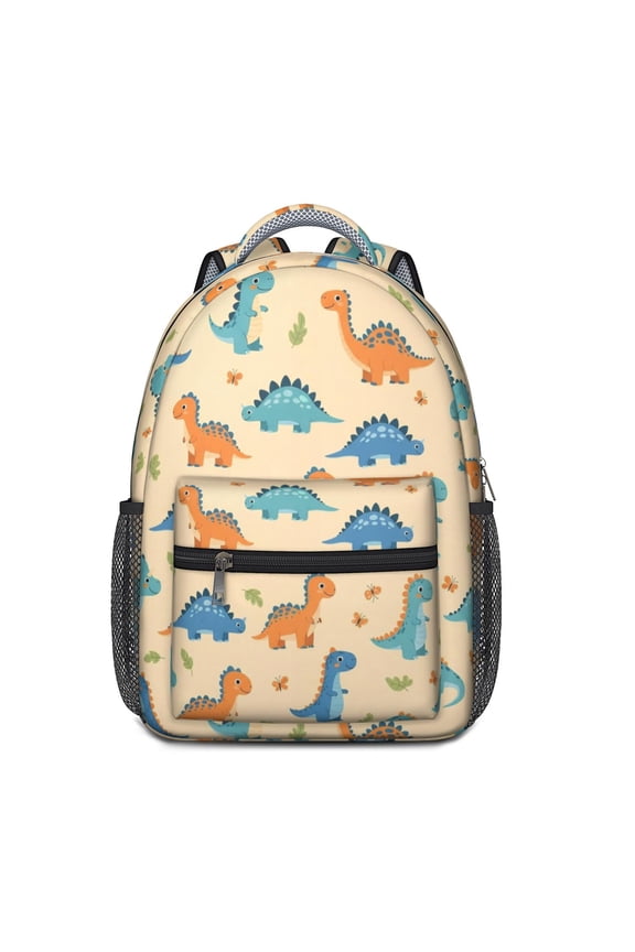 Dinosaur and Leaf Beige Pattern Backpack for School, Cute School Bag with Adjustable Shoulder Straps and Padded Back, 15.3"x11"x6.7"