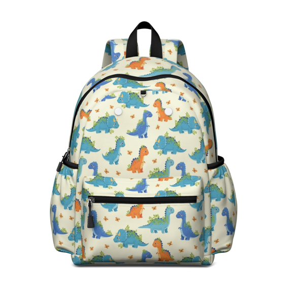 Dinosaur and Leaf Beige Pattern Cute School Backpack with Padded Back and Adjustable Shoulder Straps 13.4"x11"x4.7"