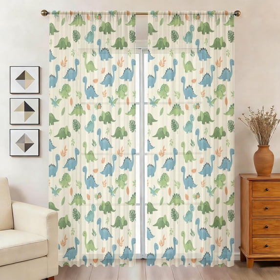 Rod Wire Windows Dinosaur and Leaf Beige Pattern Sheer Curtains, Sheer Window Panels ...