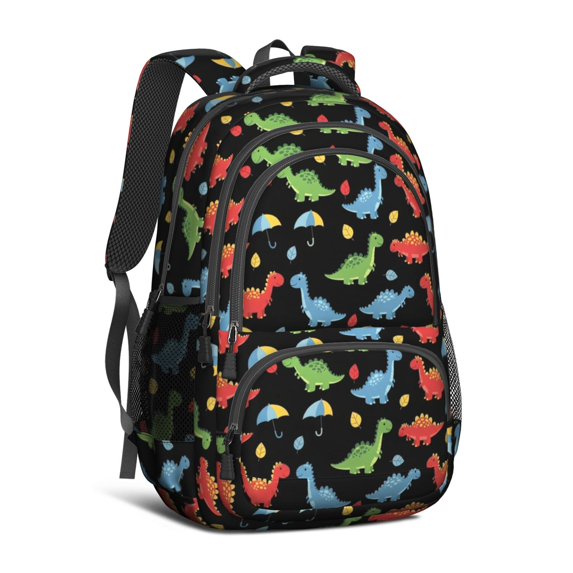 Dinosaur and Leaf Black Pattern Cute School Backpack Bag with Padded Back and Adjustable Shoulder Straps 16.9 X 12.6 X 5.9 Inches