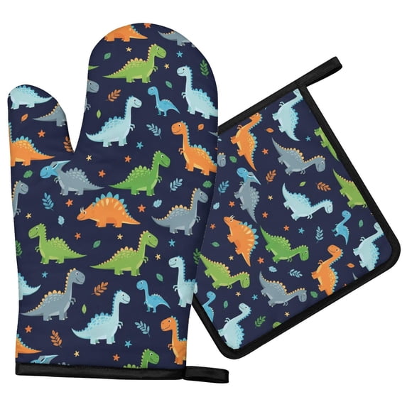 Loop Concert Dinosaur and Leaf Navy Blue Pattern Oven Mitt Pot Holder Set, Polyester ...