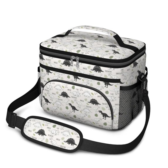 Dinosaur and Leaf Off White Pattern Insulated Lunch Box for Women Men, Medium Leakproof Cooler Bag with Adjustable Strap, 10"x6.7"x8"
