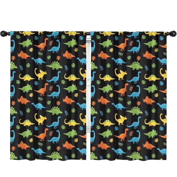 Dinosaur and Leaves Black Pattern Insulated Teens Curtains Set Of 2, Bedroom Essentials, Toddler Room Decor 52"x84"