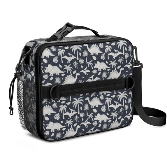 Dinosaur and Palm Navy Blue Pattern Bento School Insulated Lunch Bag Box with Shoulder Strap and Bottle Holder, 11" X 9.5" X 3.5"