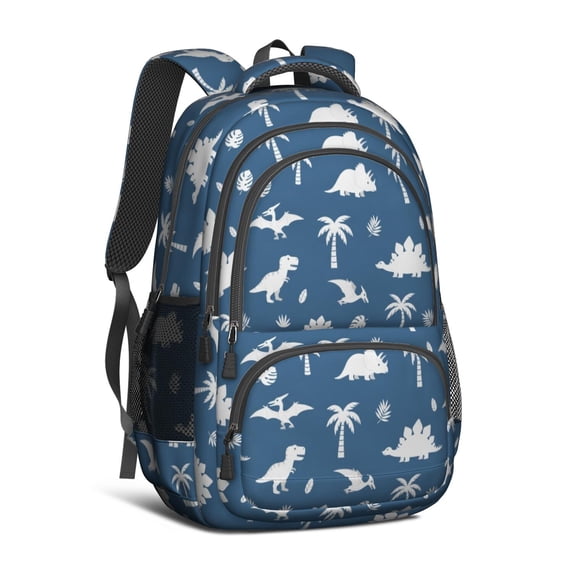 Dinosaur and Palm Navy Blue Pattern Cute School Backpack Bag with Padded Back and Adjustable Shoulder Straps 16.9 X 12.6 X 5.9 Inches