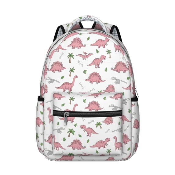 Dinosaur and Palm Pink Pattern Backpack for School, Cute School Bag with Adjustable Shoulder Straps and Padded Back, 15.3"x11"x7.1"
