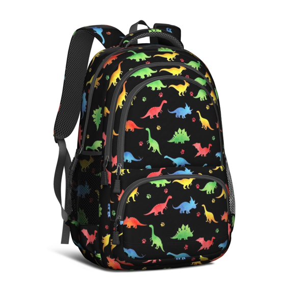 Dinosaur and Paws Black Pattern Cute School Backpack Bag with Padded Back and Adjustable Shoulder Straps 16.9 X 12.6 X 5.9 Inches