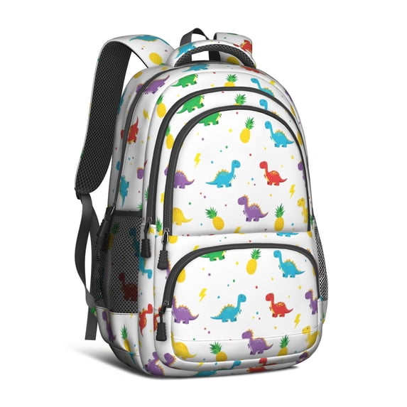 Dinosaur and Pineapple White Pattern Cute School Backpack Bag with Padded Back and Adjustable Shoulder Straps 16.9 X 12.6 X 5.9 Inches