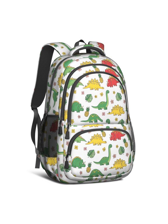 Dinosaur and Pineapple White Pattern Cute School Backpack Bag with Padded Back and Adjustable Shoulder Straps 16.9 X 12.6 X 5.9 Inches
